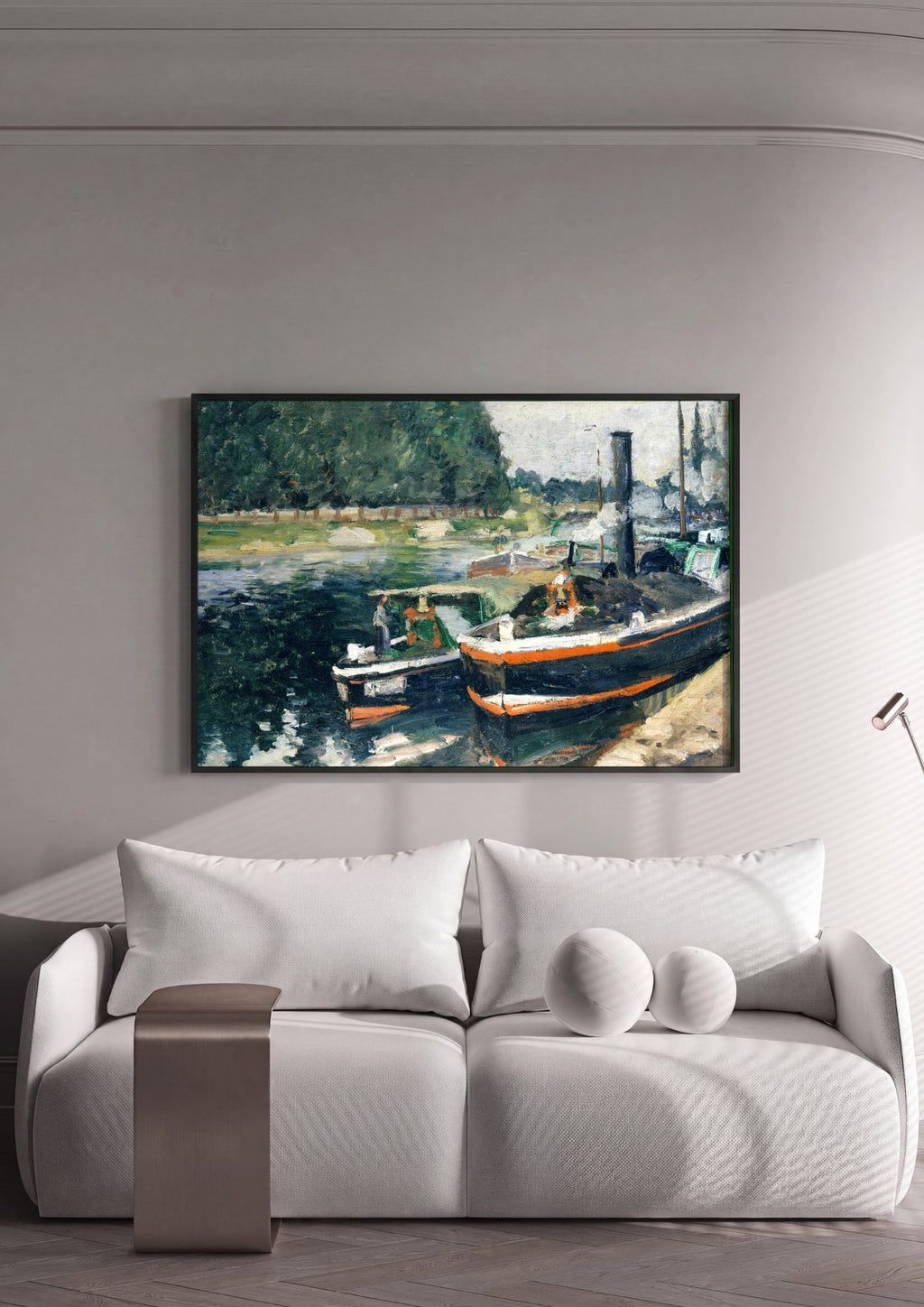 Quadro Decorativo Barcos no Sena - Camille Pissarro em ambiente decorado