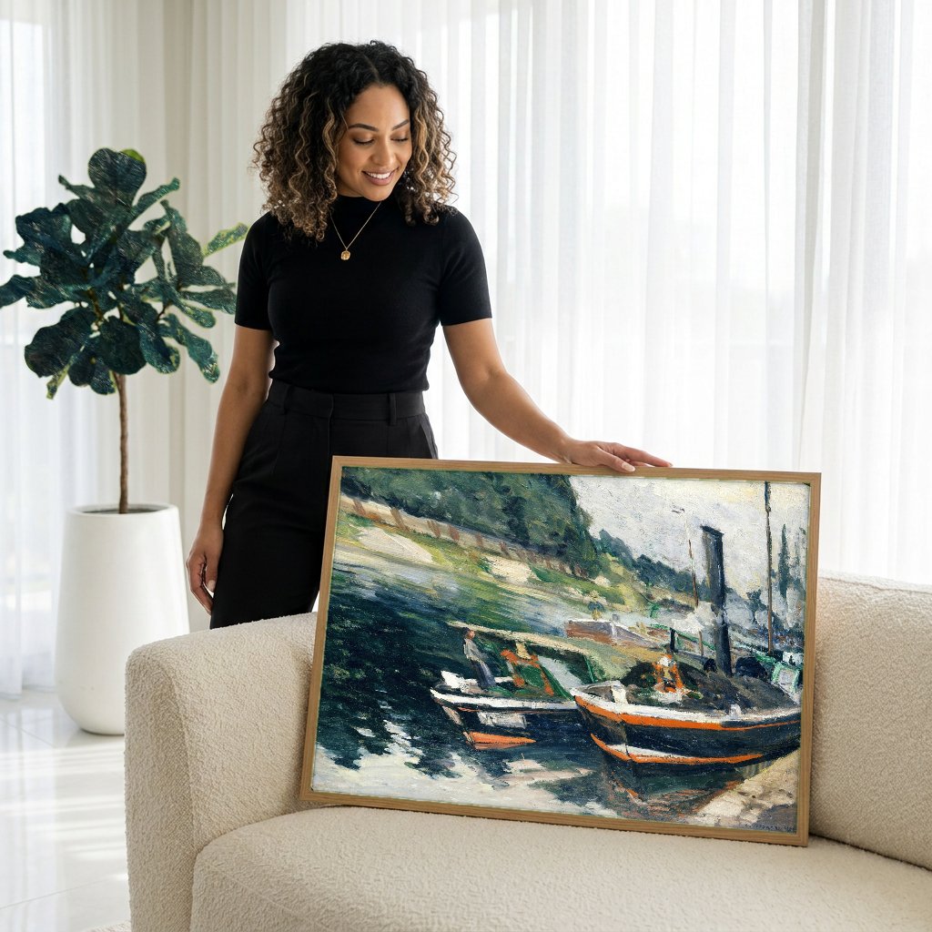 Quadro Decorativo Barcos no Sena - Camille Pissarro com modelo em ambiente