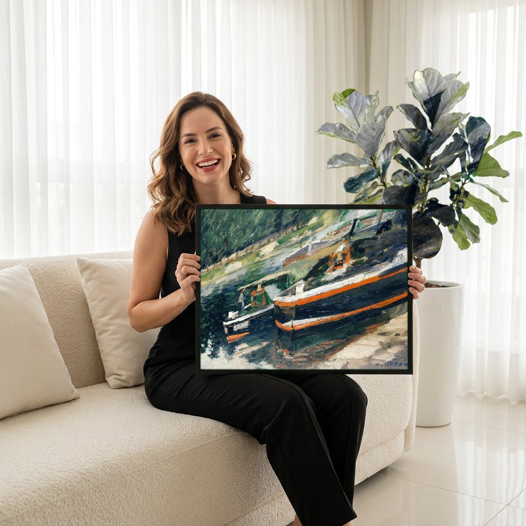 Quadro Decorativo Barcos no Sena - Camille Pissarro com modelo em ambiente