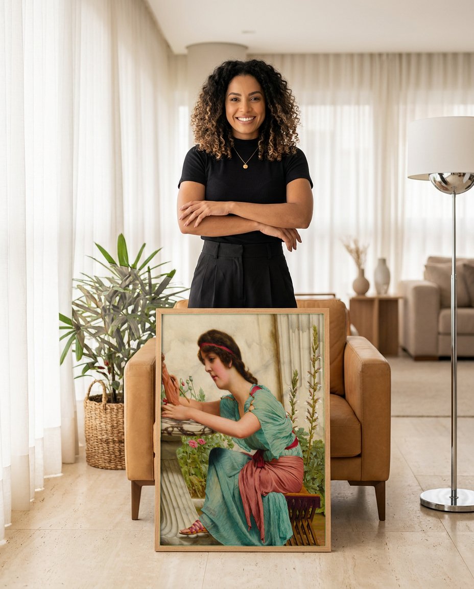Quadro Decorativo A Escultora - John William Godward com modelo em ambiente