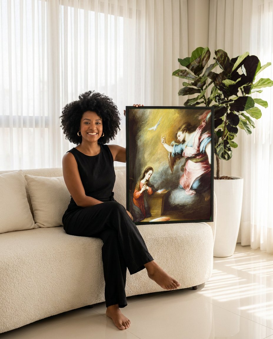 Quadro Decorativo A Anunciação - Murillo com modelo em ambiente