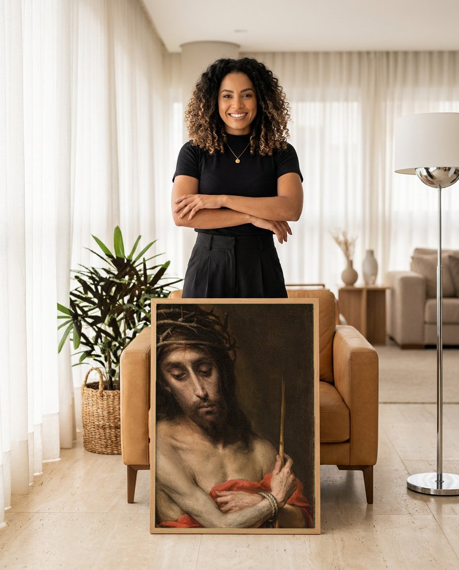 Quadro Decorativo Ecce Homo - Murillo com modelo em ambiente