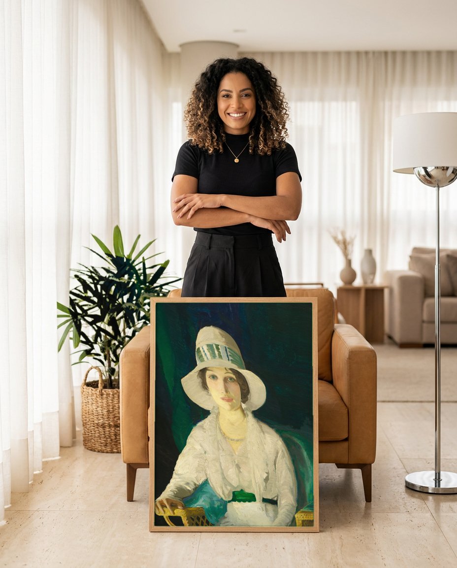 Quadro Decorativo A Dama do Chapéu - Bellows com modelo em ambiente