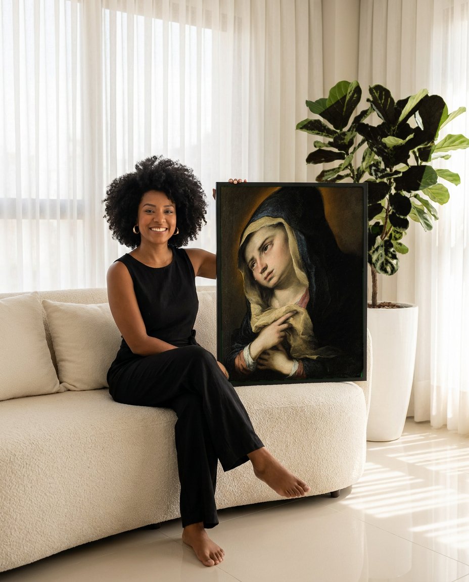 Quadro Decorativo A Dolorosa - Murillo com modelo em ambiente