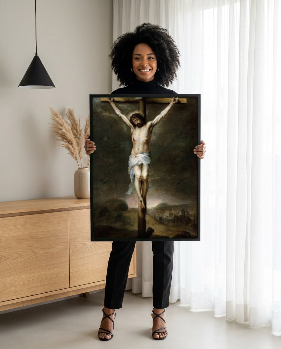 Quadro Decorativo A Crucificação - Murillo com modelo em ambiente