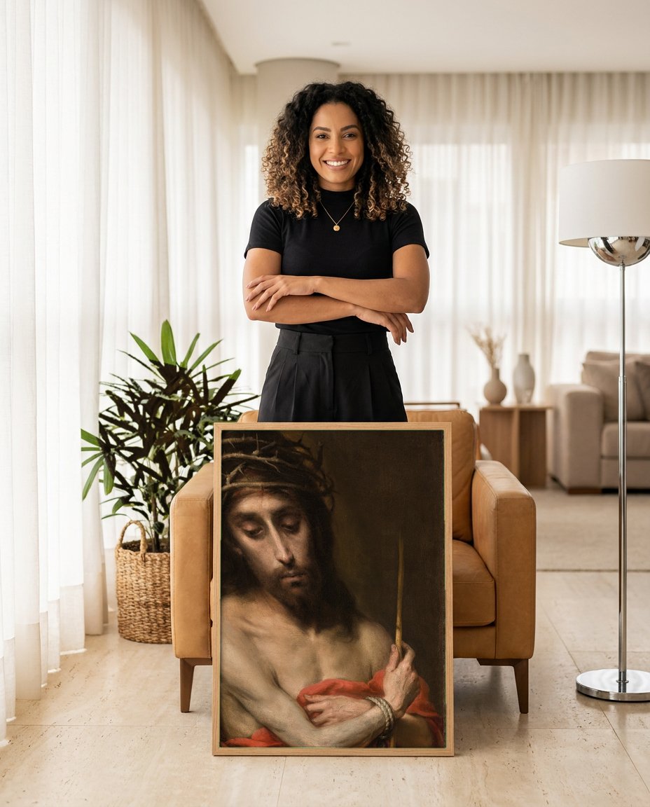 Quadro Decorativo Ecce Homo - Murillo com modelo em ambiente