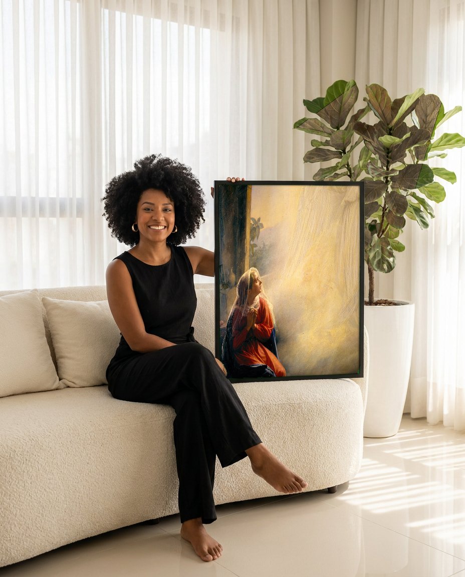 Quadro Decorativo A Anunciação - Carl Bloch com modelo em ambiente