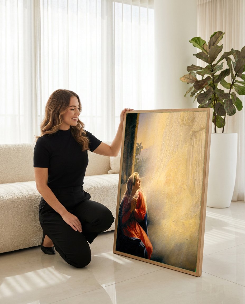 Quadro Decorativo A Anunciação - Carl Bloch com modelo em ambiente