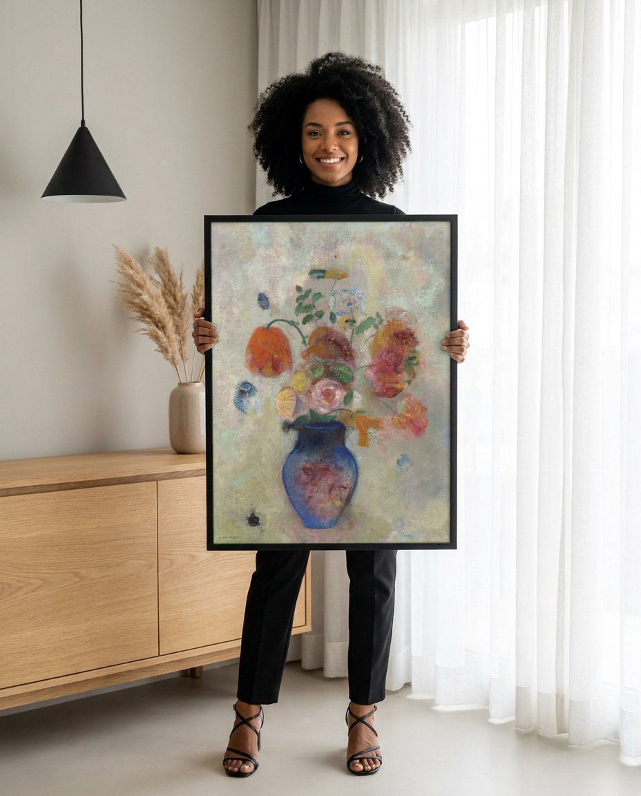 Quadro Decorativo Vaso de Flores - Odilon Redon com modelo em ambiente