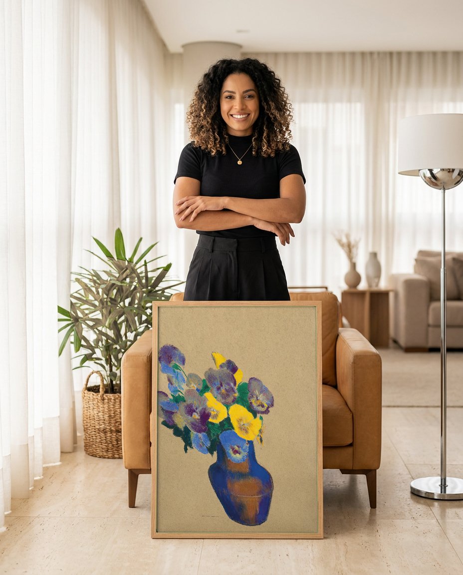 Quadro Decorativo Cesto de Flores — Odilon Redon com modelo em ambiente