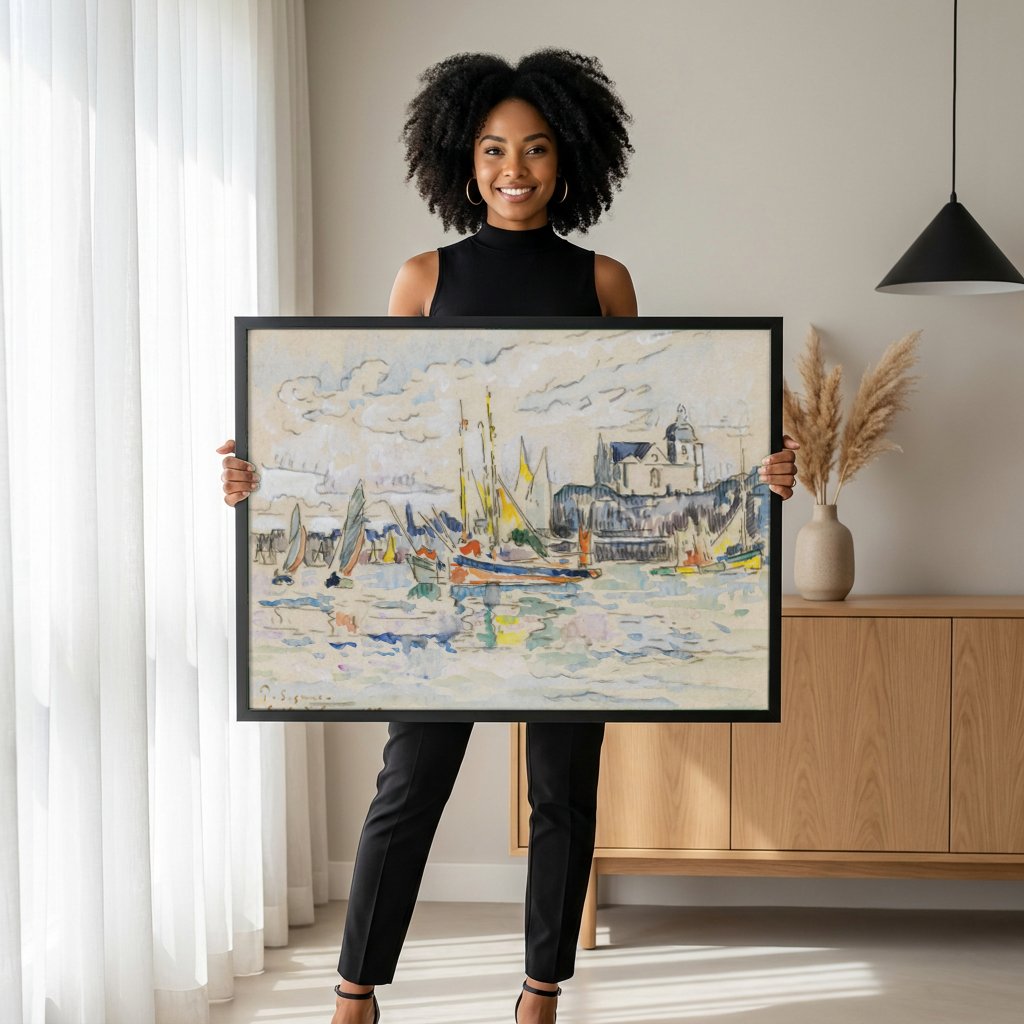 Quadro Decorativo Porto de "Sables d'Olonne" - Paul Signac com modelo em ambiente