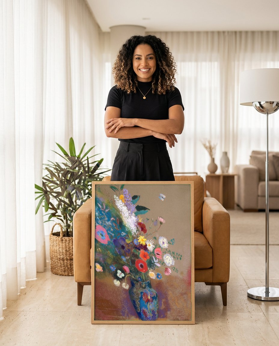 Quadro Decorativo Vaso de Flores - Odilon Redon com modelo em ambiente