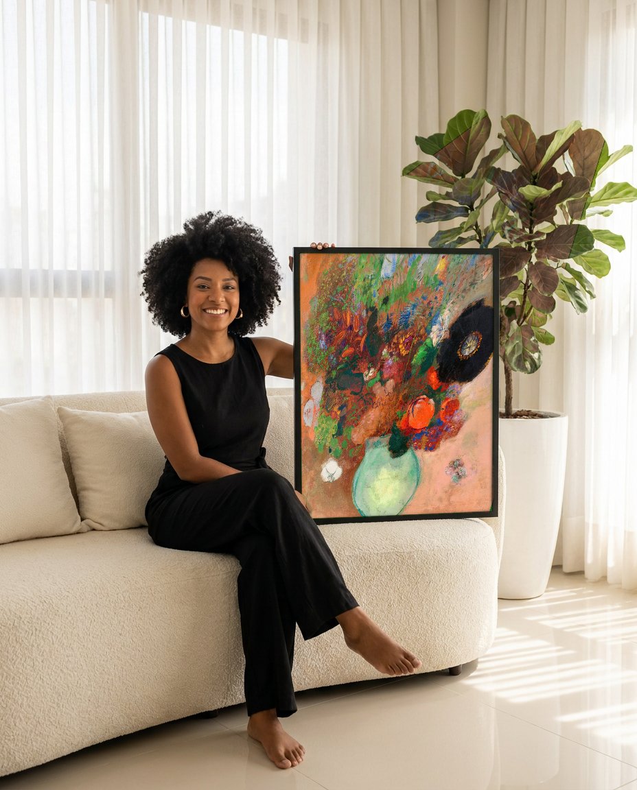 Quadro Decorativo Vaso de Flores - Odilon Redon com modelo em ambiente