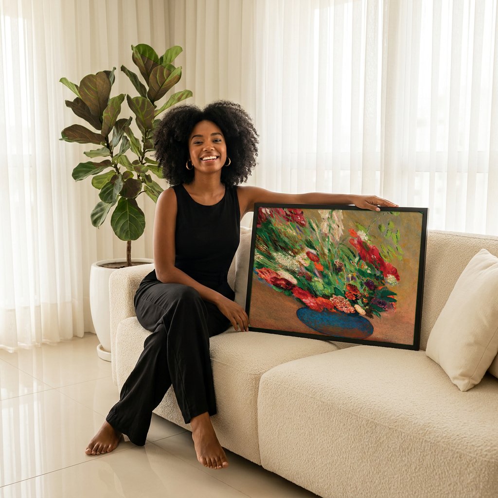 Quadro Decorativo Vaso de Flores - Odilon Redon com modelo em ambiente
