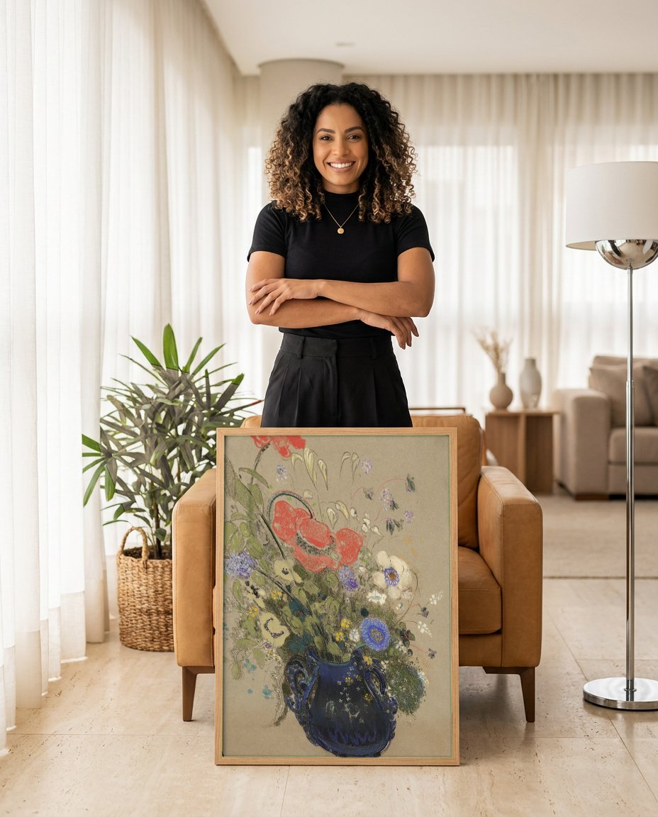 Quadro Decorativo 'Vaso de Flores' - Odilon Redon com modelo em ambiente