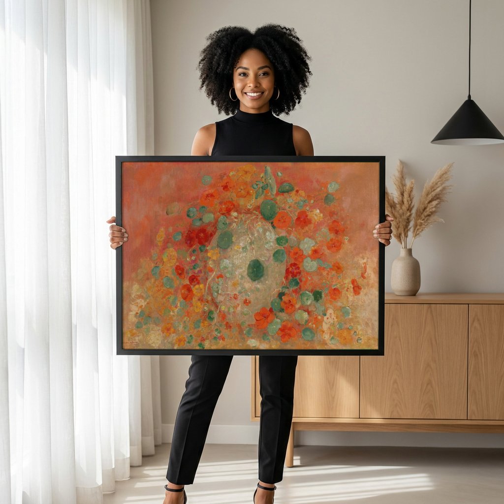 Quadro Decorativo Flores e Folhas - Odilon Redon com modelo em ambiente