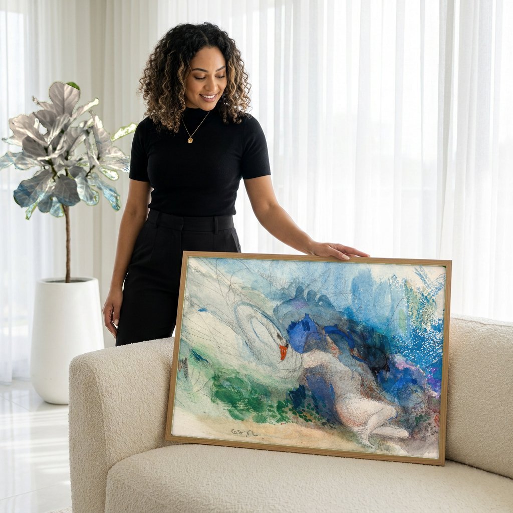 Quadro Decorativo Apolo e o Cisne – Odilon Redon com modelo em ambiente