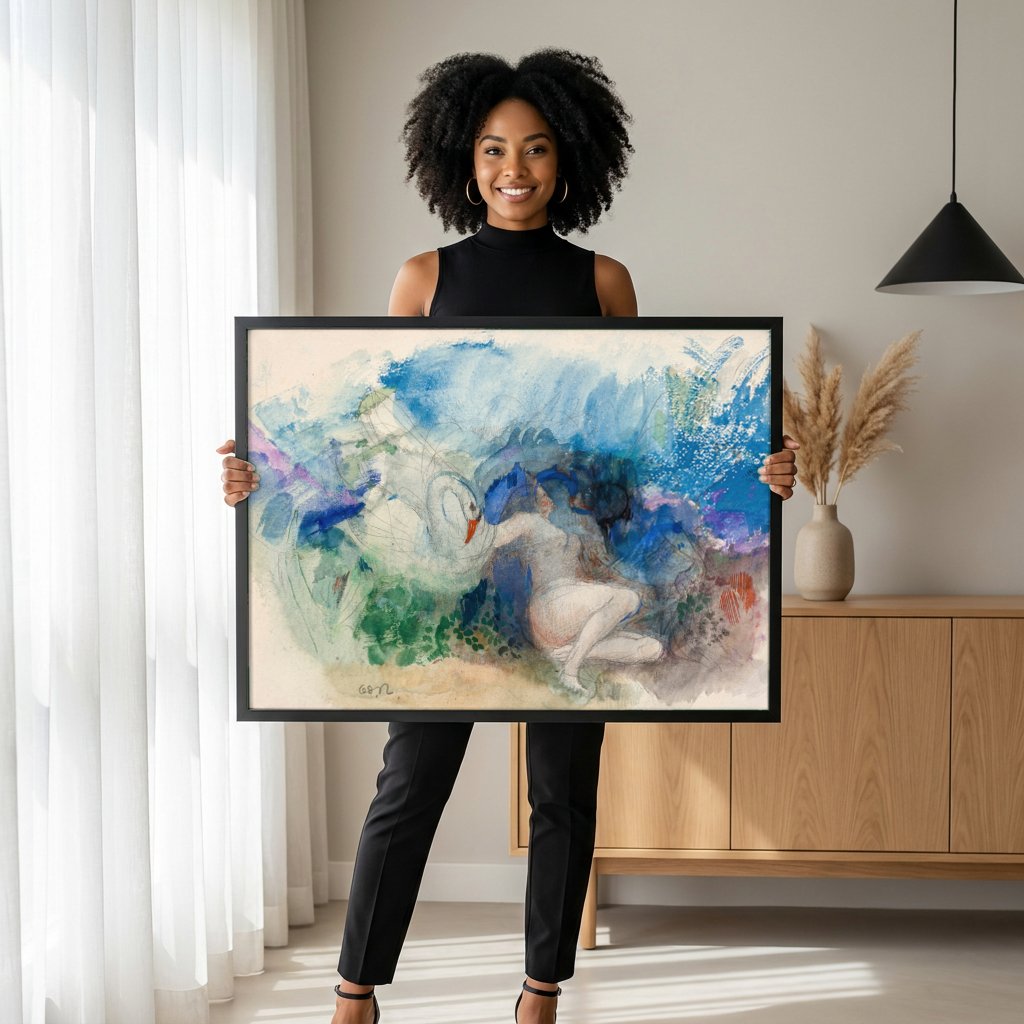 Quadro Decorativo Apolo e o Cisne – Odilon Redon com modelo em ambiente