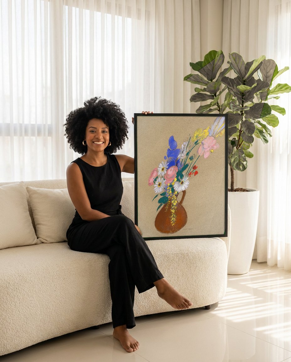 Quadro Decorativo Vaso de Flores - Odilon Redon com modelo em ambiente