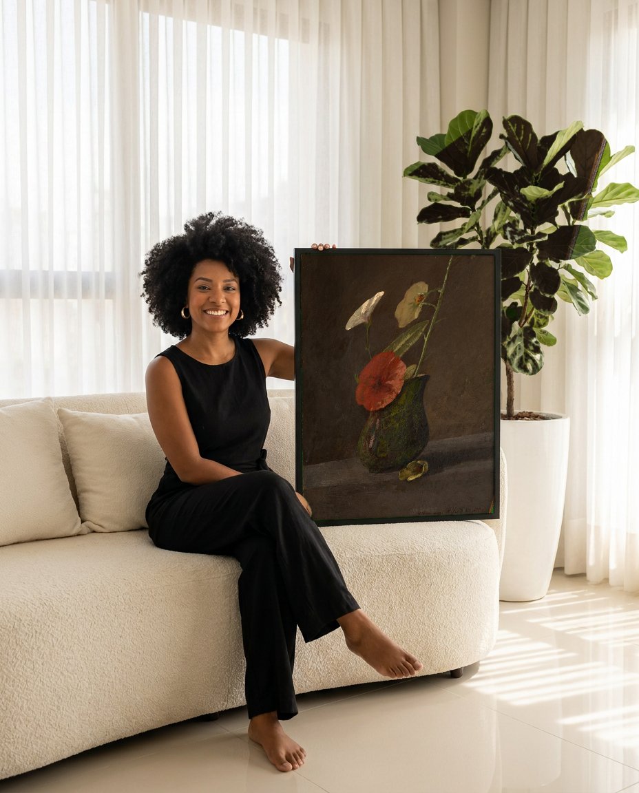 Quadro Decorativo Vaso de Flores - Odilon Redon com modelo em ambiente