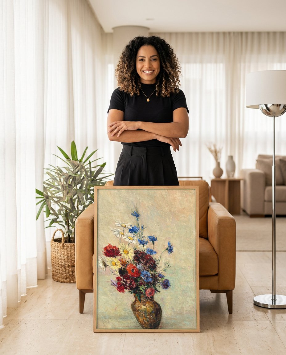 Quadro Decorativo Vaso de Flores - Odilon Redon com modelo em ambiente