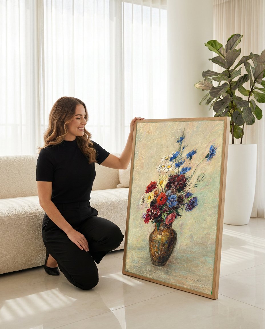 Quadro Decorativo Vaso de Flores - Odilon Redon com modelo em ambiente