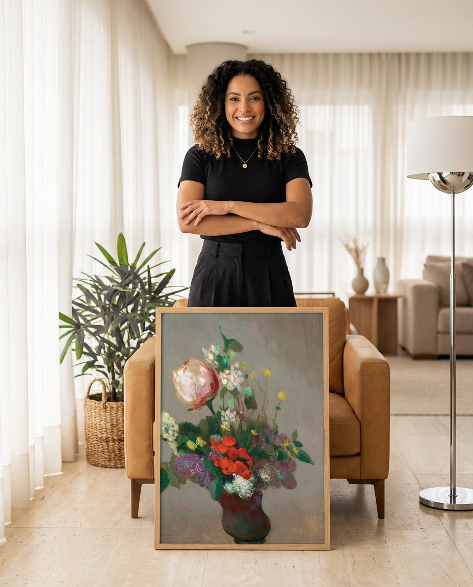 Quadro Decorativo Vaso de Flores - Odilon Redon com modelo em ambiente
