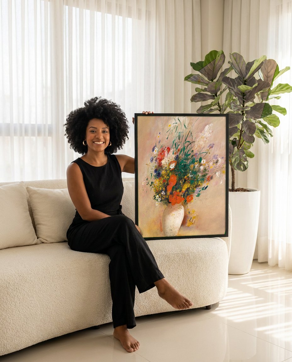 Quadro Decorativo Vaso de Flores - Odilon Redon com modelo em ambiente