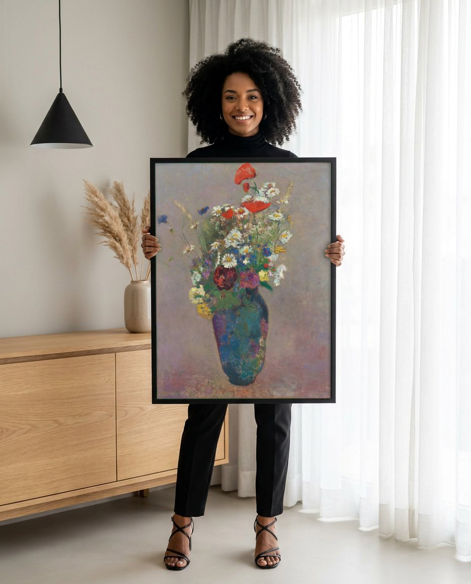 Quadro Decorativo 'Vaso de Flores' - Odilon Redon com modelo em ambiente