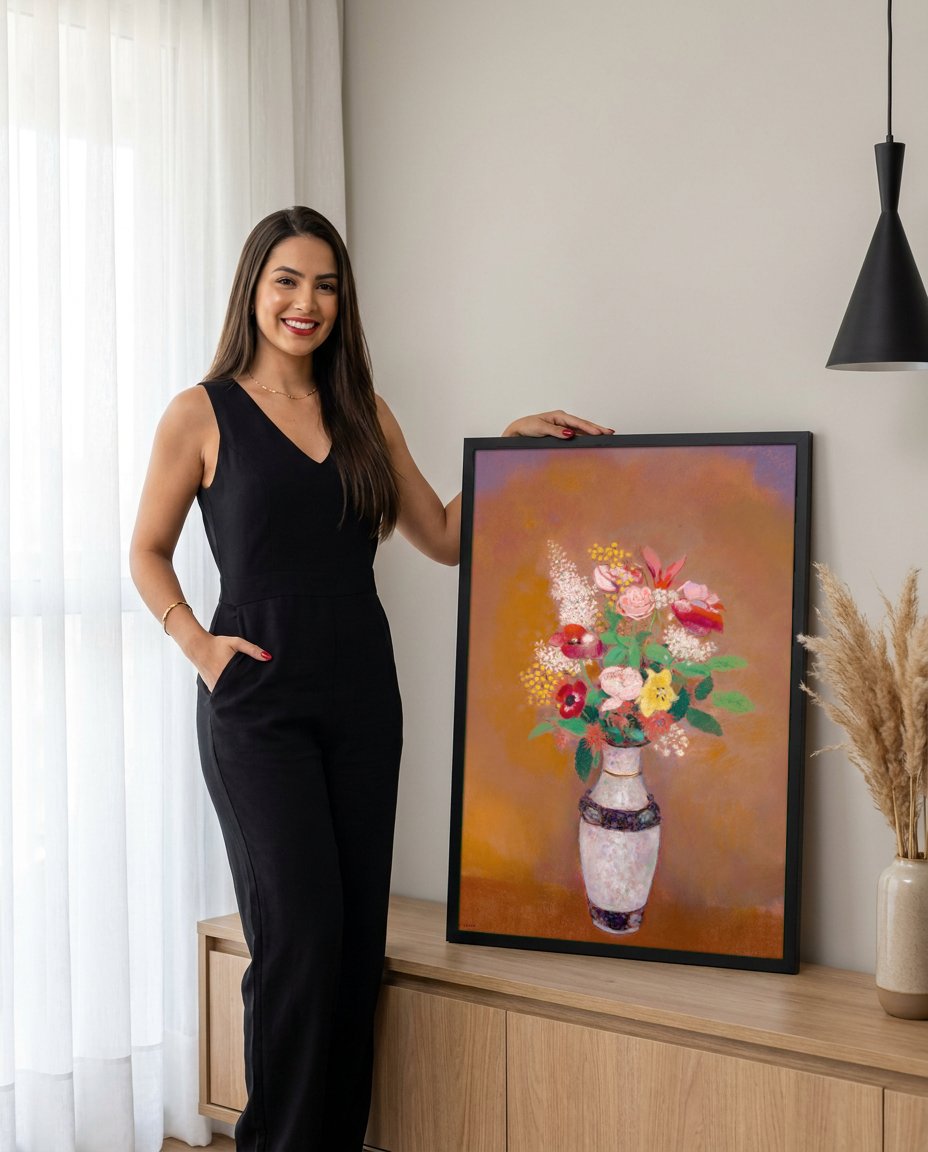 Quadro Decorativo Vaso de Flores - Odilon Redon com modelo em ambiente