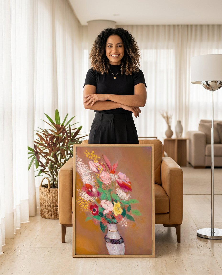 Quadro Decorativo Vaso de Flores - Odilon Redon com modelo em ambiente
