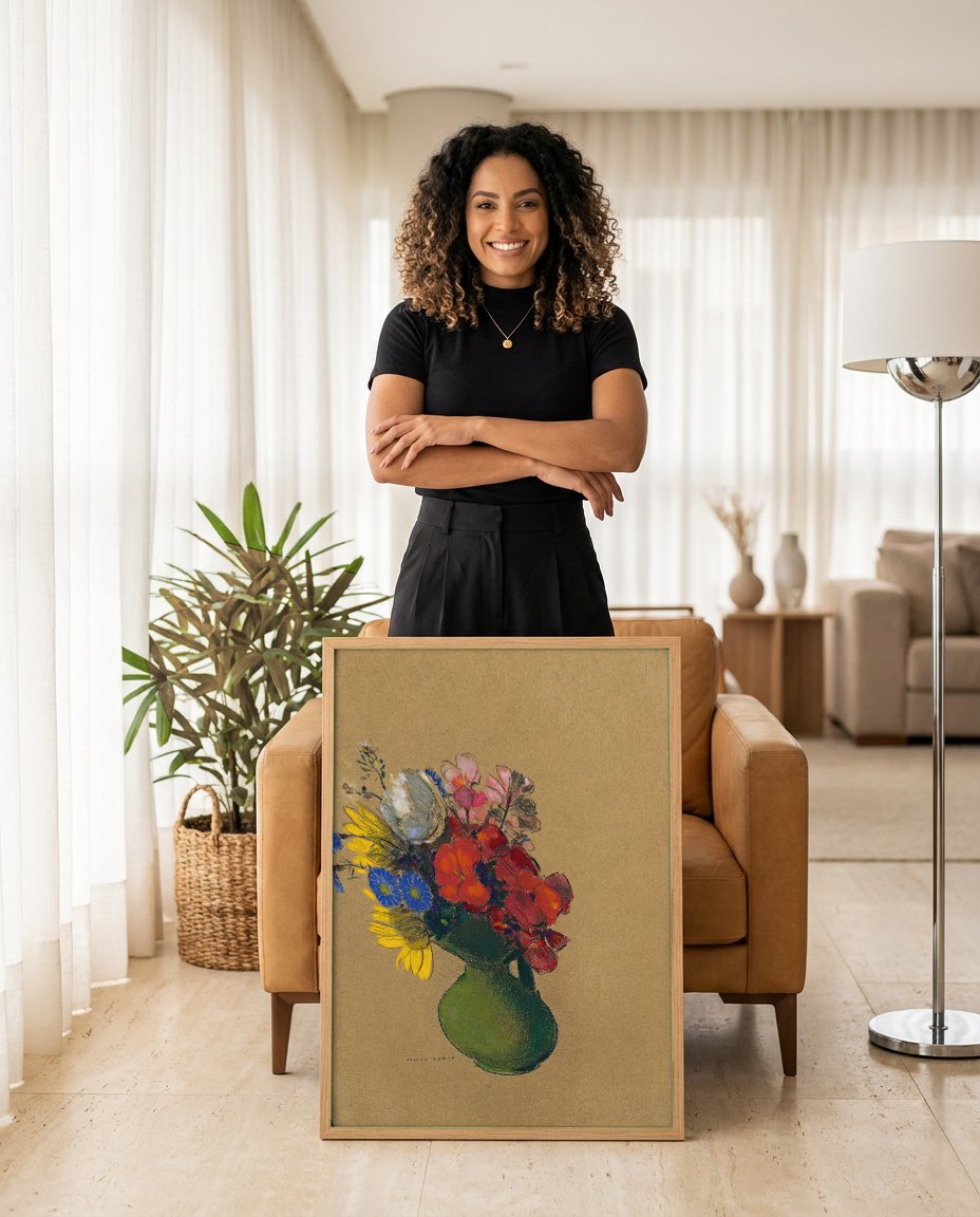 Quadro Decorativo Vaso de Flores - Odilon Redon com modelo em ambiente