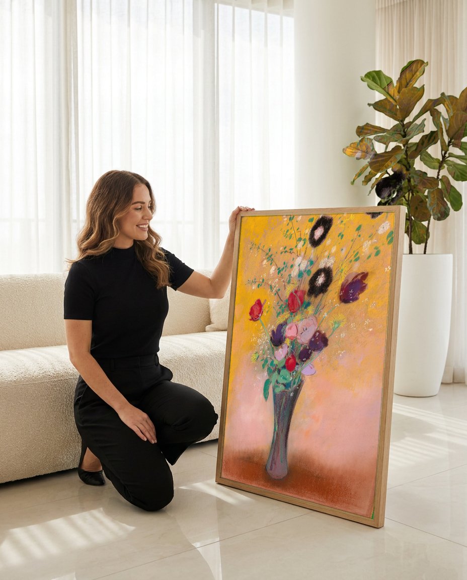 Quadro Decorativo Vaso de Flores - Odilon Redon com modelo em ambiente