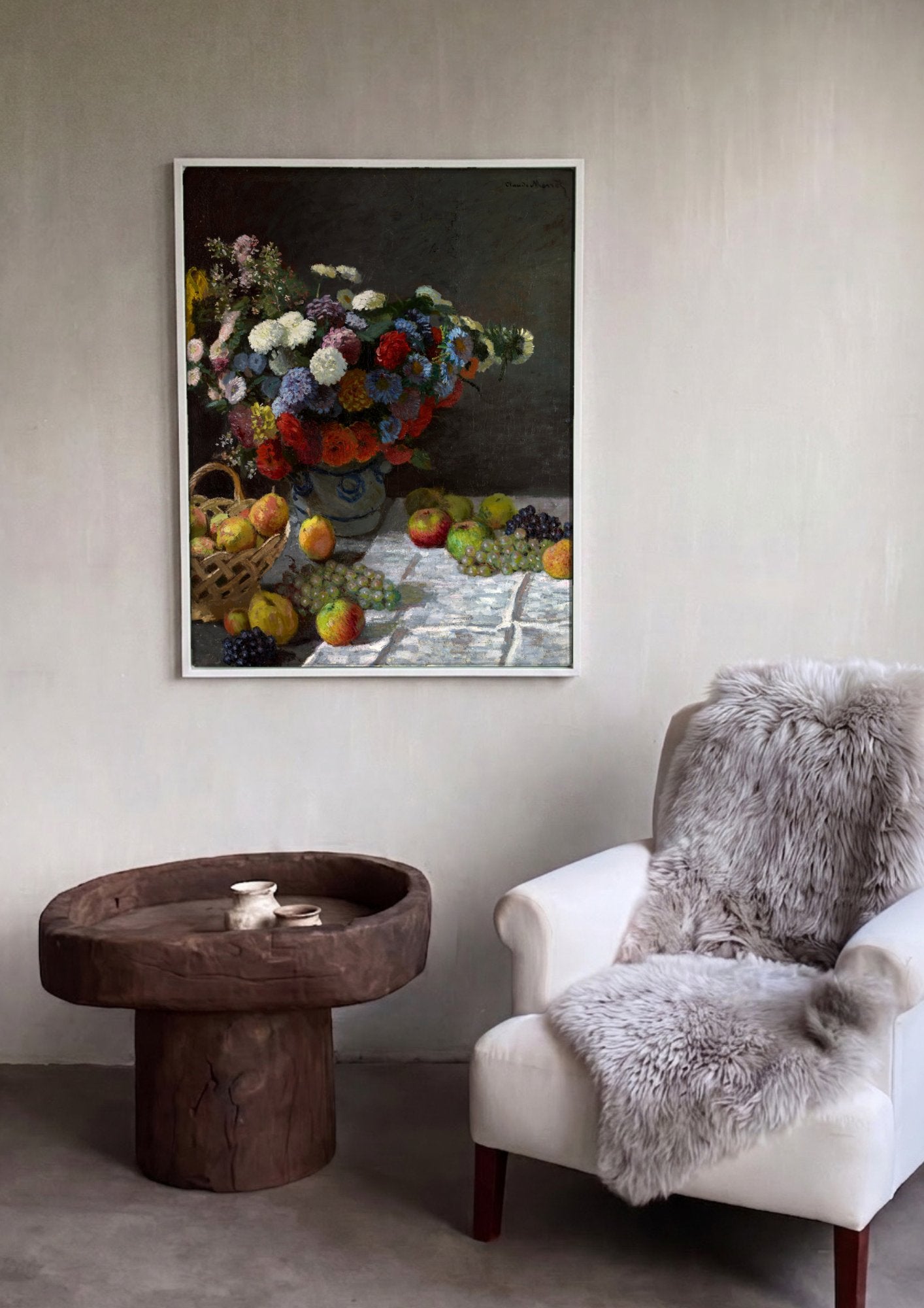 Quadro Decorativo Cesto de Frutas e Flores - Claude Monet em ambiente decorado