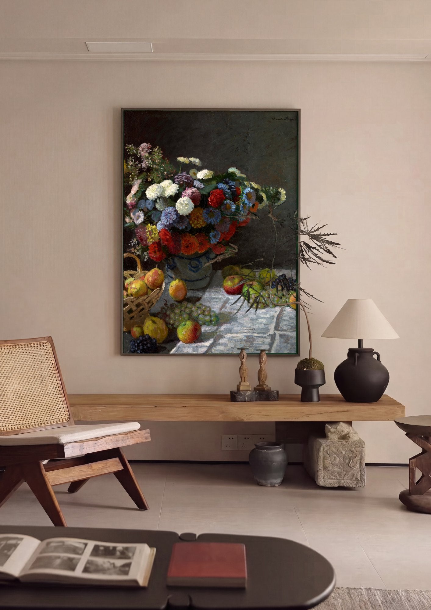 Quadro Decorativo Cesto de Frutas e Flores - Claude Monet em ambiente decorado