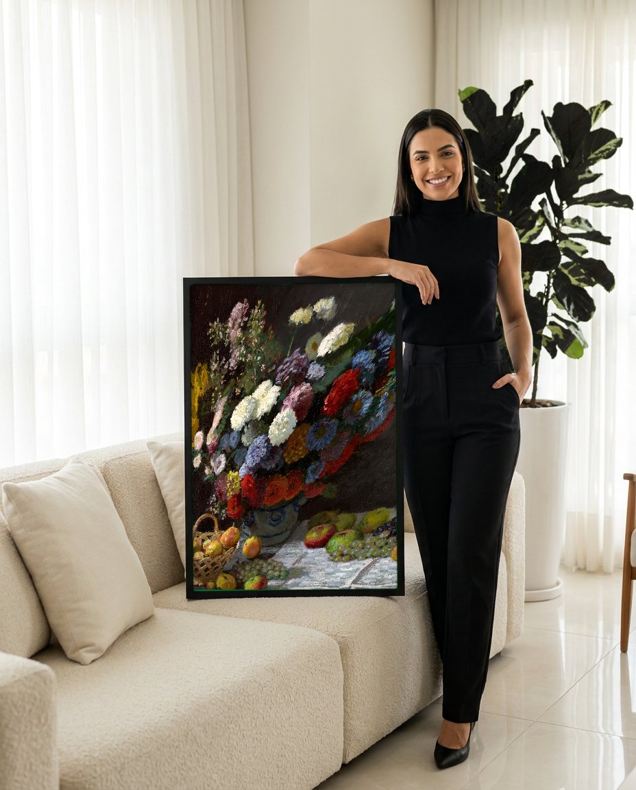 Quadro Decorativo Cesto de Frutas e Flores - Claude Monet com modelo em ambiente