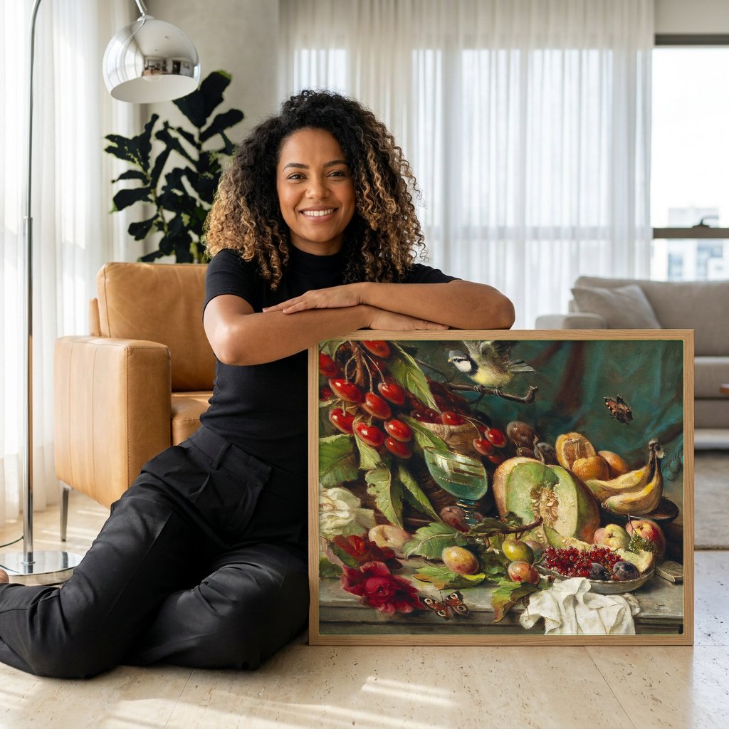 Quadro Decorativo Cesta de Frutas e Flores - Hans Zatzka com modelo em ambiente