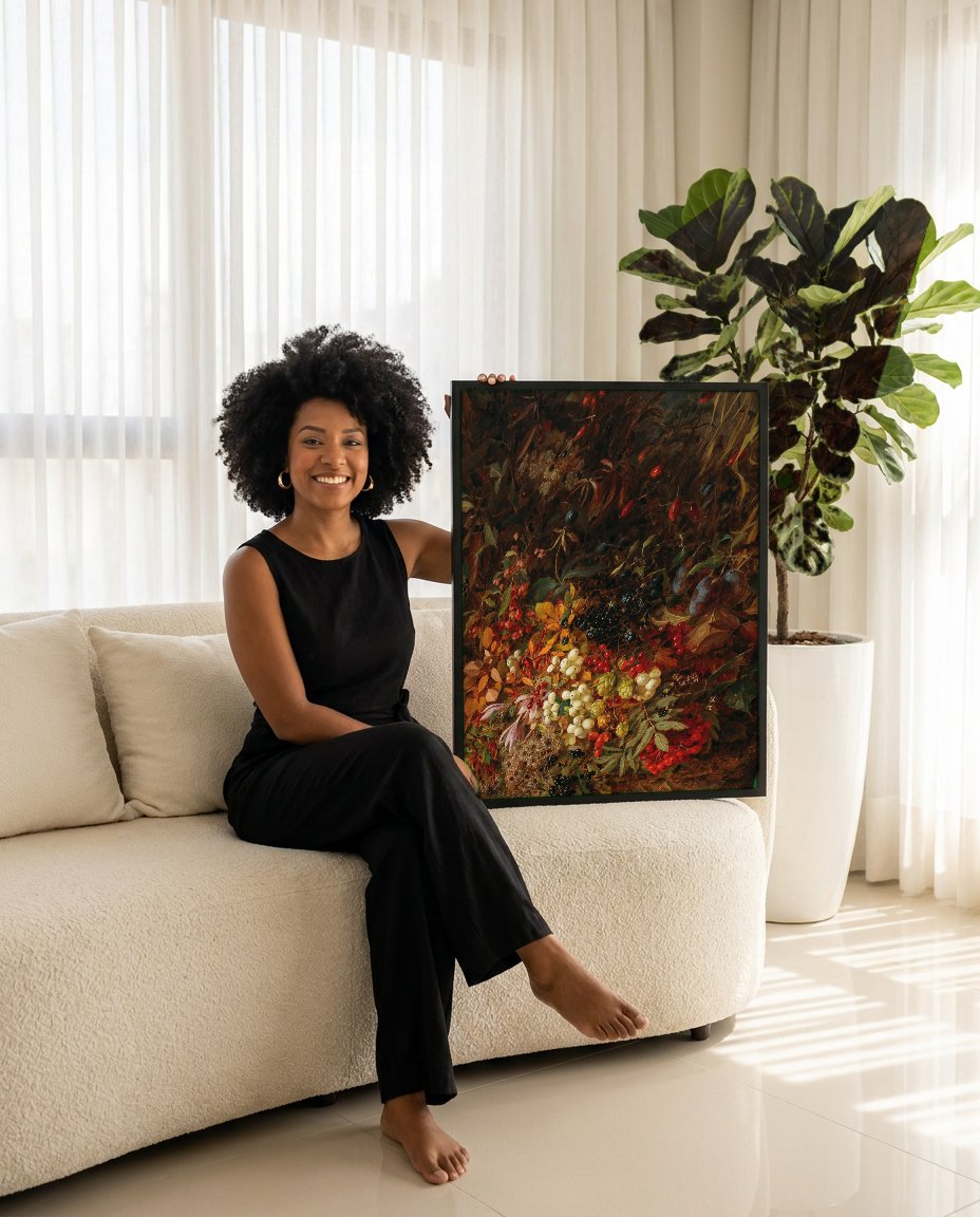 Quadro Decorativo Cesta de Frutas e Flores - Olga Wisinger-Florian com modelo em ambiente