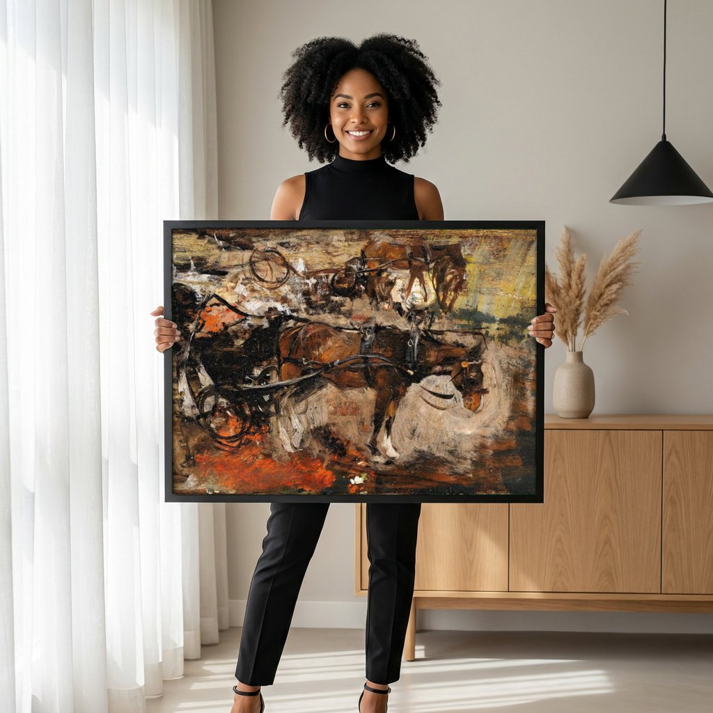 Quadro Decorativo Carruagem com Cavalos - Boldini com modelo em ambiente