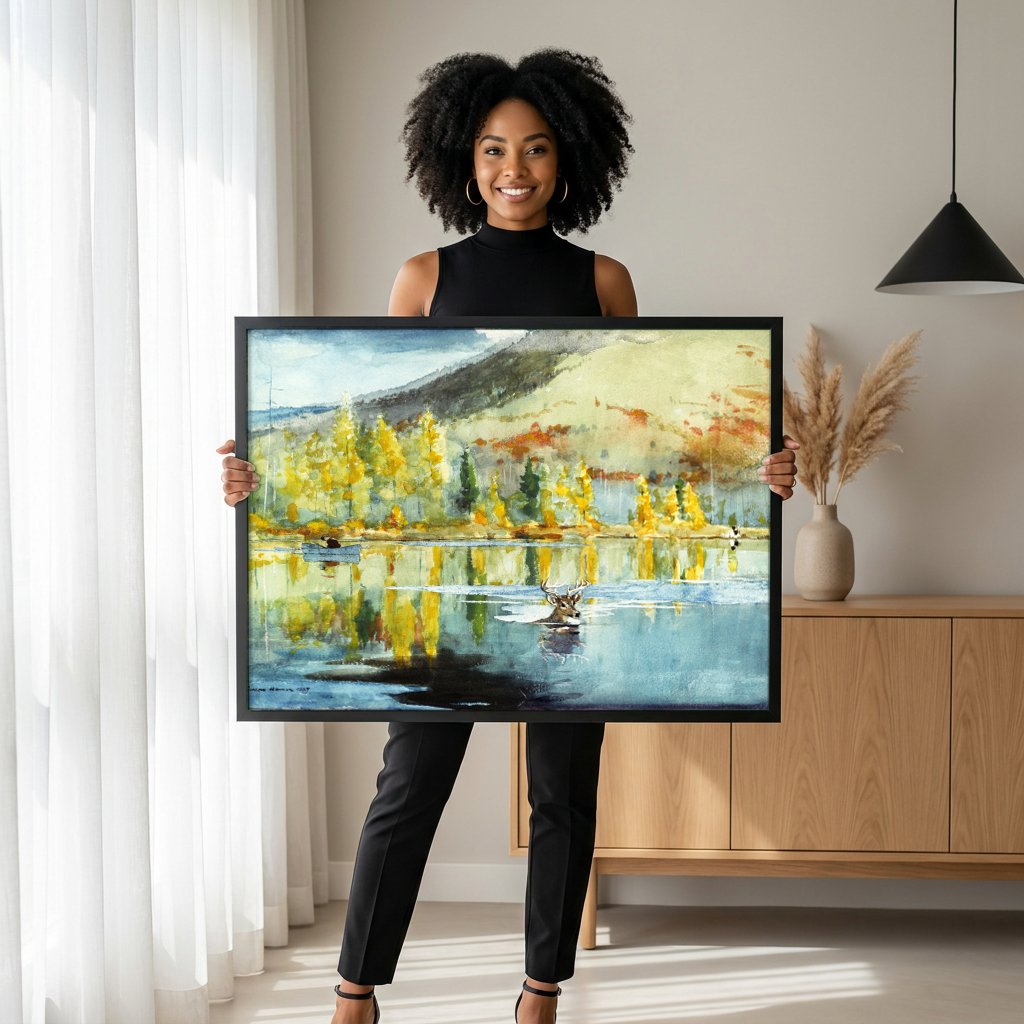 Quadro Decorativo Cervo no Lago - Winslow Homer com modelo em ambiente