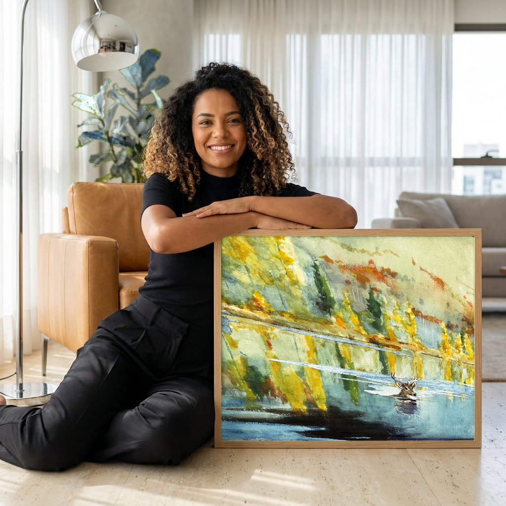 Quadro Decorativo Cervo no Lago - Winslow Homer com modelo em ambiente
