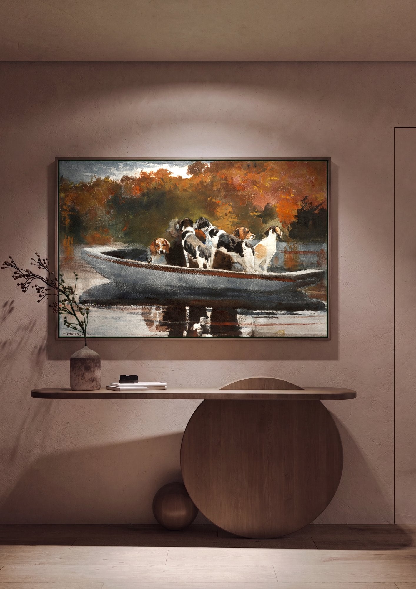 Quadro Decorativo Cães na Canoa - Winslow Homer em ambiente decorado