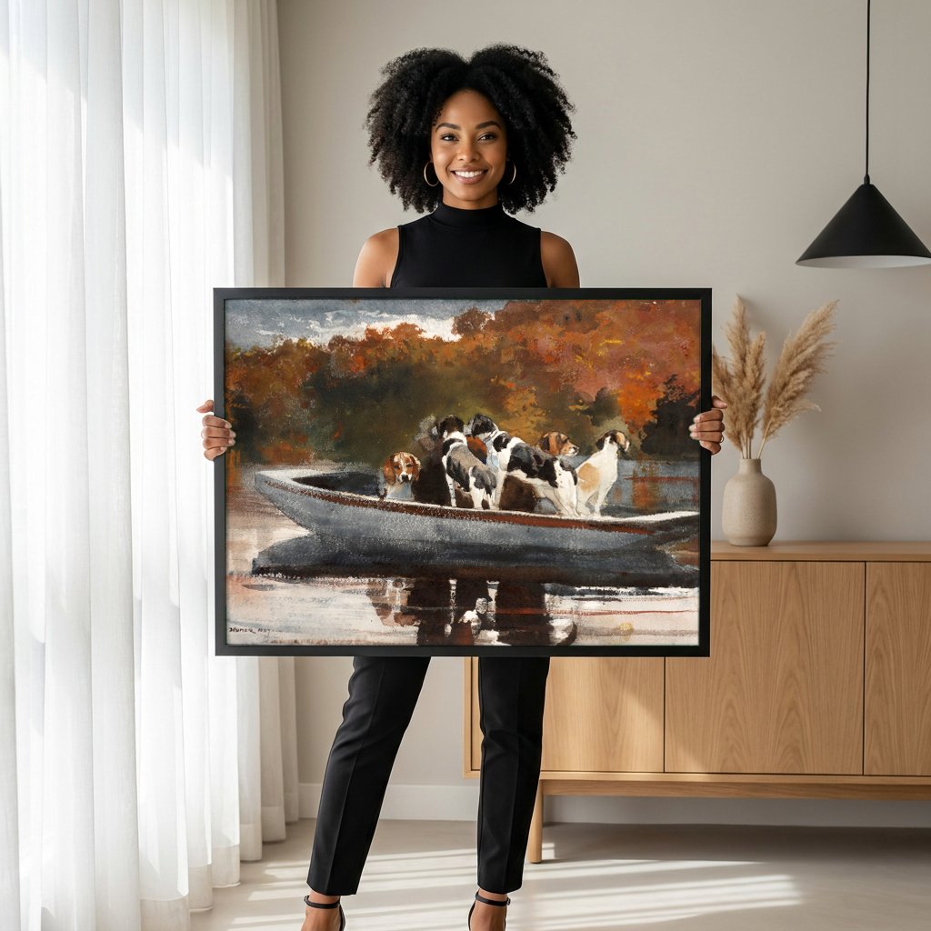 Quadro Decorativo Cães na Canoa - Winslow Homer com modelo em ambiente