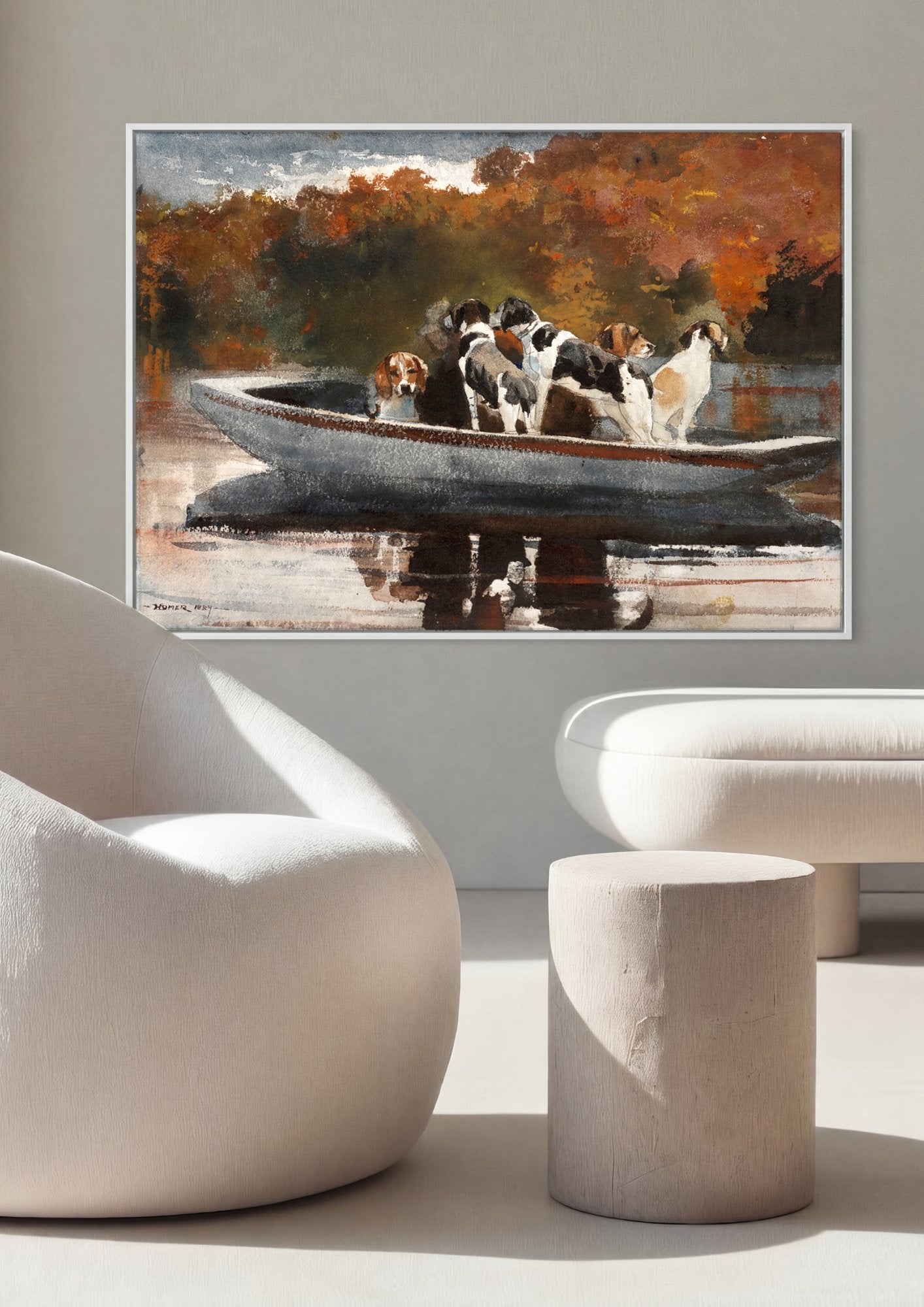 Quadro Decorativo Cães na Canoa - Winslow Homer em ambiente decorado