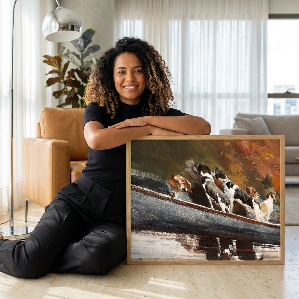 Quadro Decorativo Cães na Canoa - Winslow Homer com modelo em ambiente
