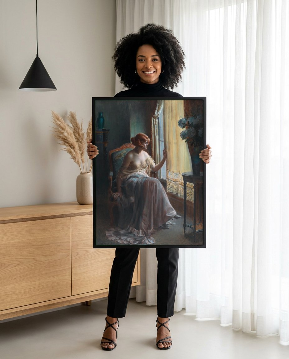 Quadro Decorativo A Dama na Janela - Delphin Enjolras com modelo em ambiente