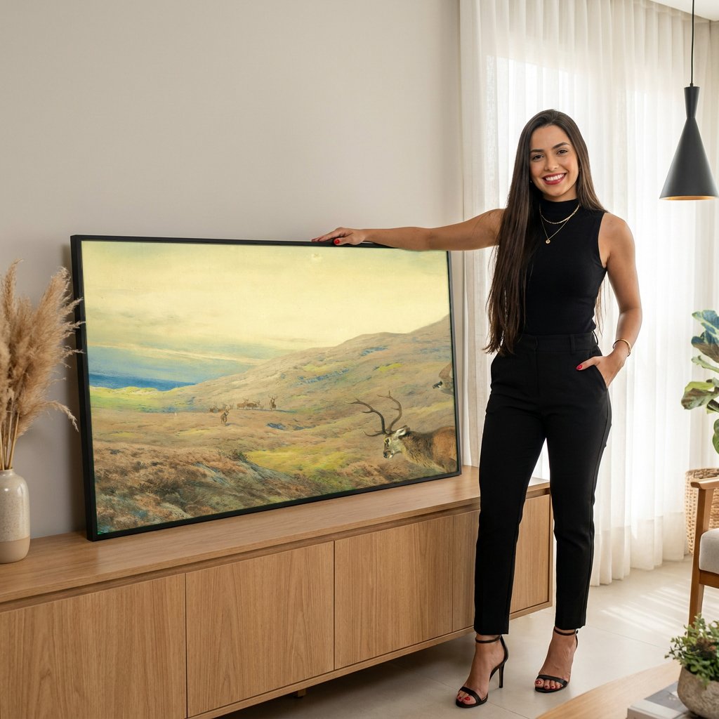 Quadro Decorativo Cervos nas Terras Altas - Thorburn com modelo em ambiente