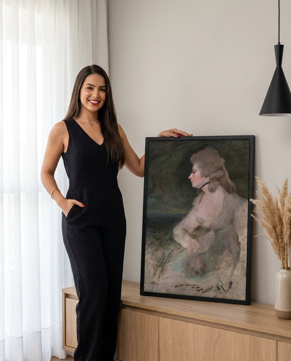 Quadro Decorativo Senhora com Gola Alta - Sir Joshua Reynolds com modelo em ambiente