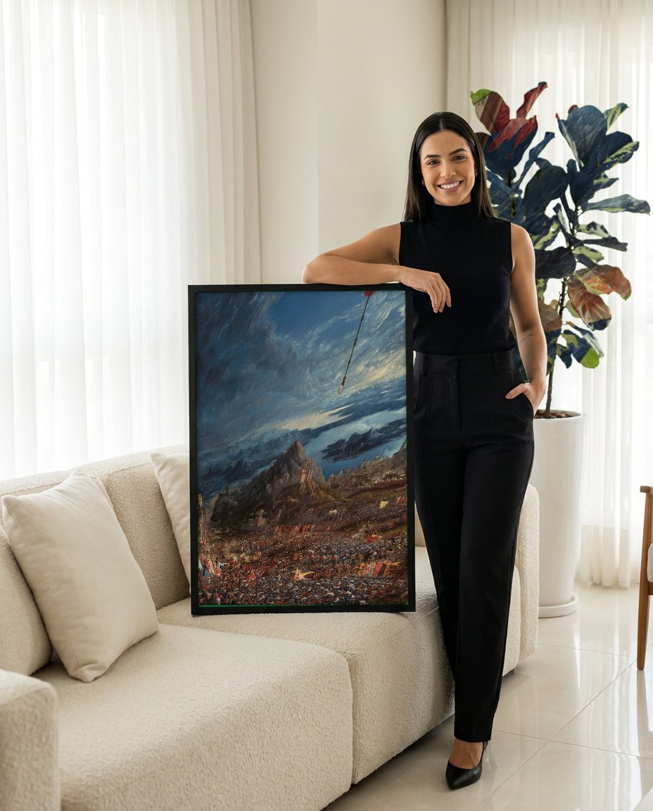 Quadro Decorativo A Batalha de Isso - Altdorfer com modelo em ambiente