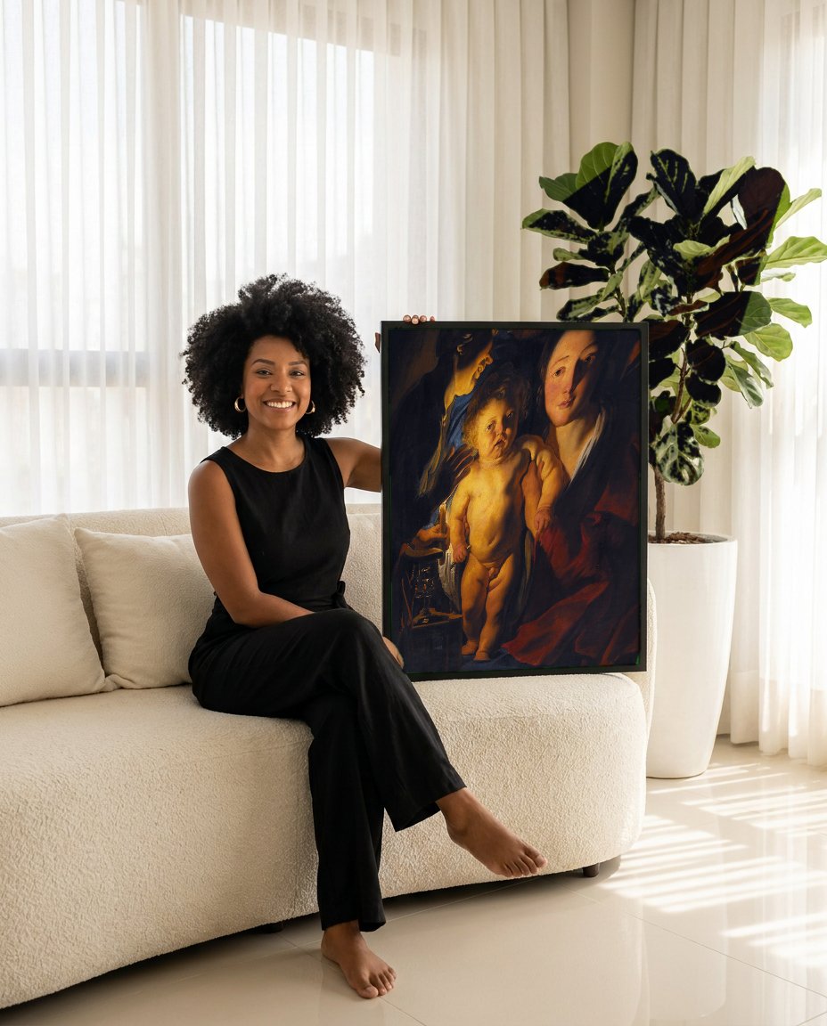 Quadro Decorativo A Sagrada Família à Luz de Velas - Jordaens com modelo em ambiente